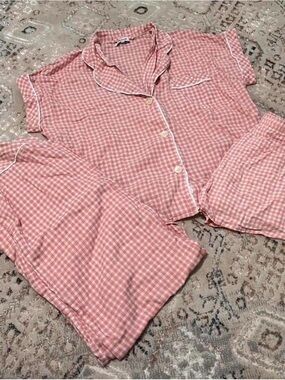 Madewell Coral Pink Gingham Two-Piece Lounge Set
